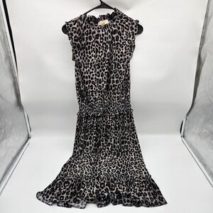 MICHAEL KORS Leopard Print Ruffle Mock Neck Midi Dress Size M